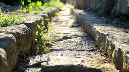 Sticker - Carved stone gutters along a Roman road smooth from erosion with plants growing in cracks under bright light