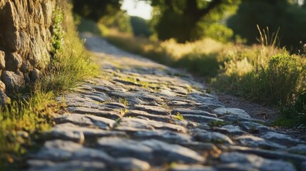 Canvas Print - Worn Roman road stones meeting natural grass bright sunlight revealing the smooth and rough transition