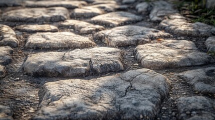 Canvas Print - Close-up of Roman road curb worn stone with cracks and chisel marks sunlight casting soft shadows