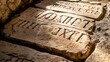 © javier - Close-up of worn Latin inscriptions on Roman bridge cracks visible bright light enhancing details