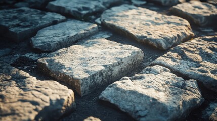 Poster - Large foundation stones of Roman road rough-hewn some cracked and chipped strong light emphasizes texture