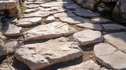 Wall Mural - Close-up of Roman road foundation stones rough and cracked bright sunlight casting strong shadows