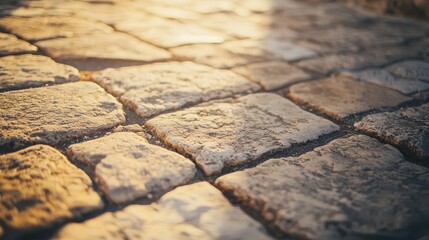 Wall Mural - Close-up of Roman road paving stones worn smooth with cracks bright sunlight enhances texture