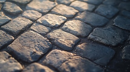 Wall Mural - Worn edges of Roman road paving stones smooth from centuries of use with cracks and chips under soft light