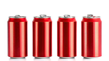 Poster - Set of Four Aluminum Red Soda Cans Arranged on a White Background Generative AI