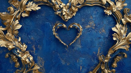 An art deco heart embellished with gold decoration on a blue background, a valentine's card.