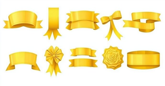 Set of modern realistic 3D ribbons and tags. Cartoon collections of 3D yellow ribbons on a white background. Vintage design element. Cute folded ribbon.