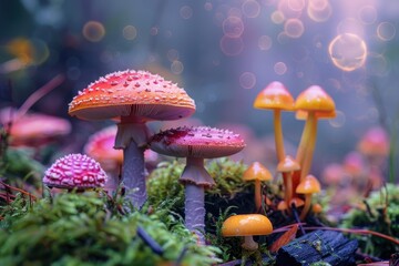 Poster - Colorful mushrooms growing in a lush, green forest during early morning light with soft bokeh effect creating a magical atmosphere