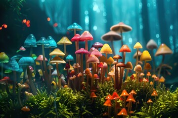 Poster - Colorful mushrooms growing in a lush, green forest during early morning light with soft bokeh effect creating a magical atmosphere