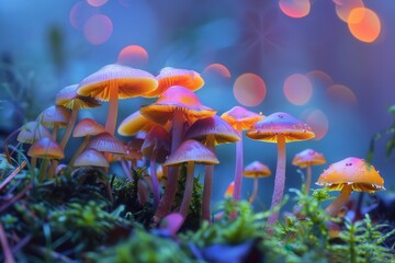 Poster - Colorful mushrooms growing in a lush, green forest during early morning light with soft bokeh effect creating a magical atmosphere