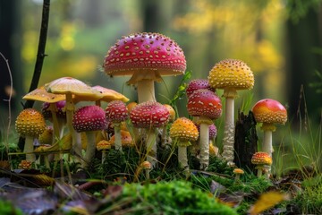 Poster - Colorful mushrooms growing in a lush, green forest during early morning light with soft bokeh effect creating a magical atmosphere