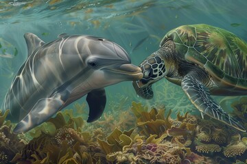 Poster - A dolphin and a turtle share a moment of curiosity in clear coastal waters during a sunny day, highlighting their interaction in a vibrant marine environment