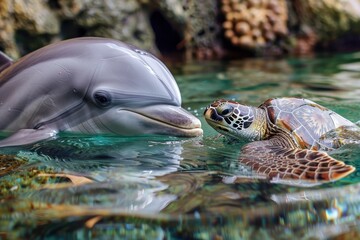 Poster - A dolphin and a turtle share a moment of curiosity in clear coastal waters during a sunny day, highlighting their interaction in a vibrant marine environment