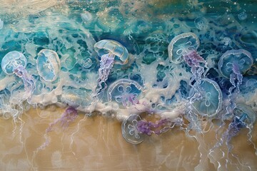 Aufkleber - Graceful jellyfish swim through gentle ocean waves against a sandy beach backdrop, capturing the essence of marine life in a tranquil coastal environment