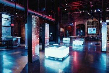Fototapete - Visitors exploring an interactive digital exhibition in a modern space with vivid lighting