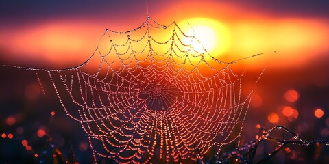 A spiderweb covered in dew glistens in the golden light of sunrise or sunset.