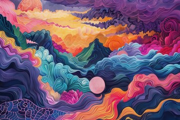 Aufkleber - Vibrant abstract landscape featuring swirling colors, planets, and intricate patterns, showcasing creativity and imagination in artistic expression