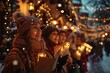 © dyshlivenko - A group of cheerful carolers stands in a snowy village, holding candles and singing together. The atmosphere is festive, adorned with sparkling lights and a gentle snowfall.