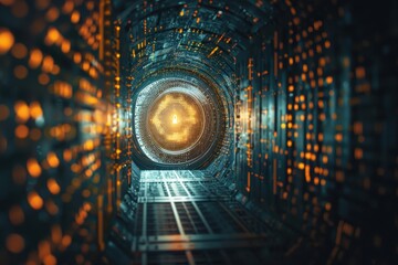 Poster - A futuristic digital corridor illuminated by glowing orange circuits and a central luminescent sphere, representing advanced technology in a virtual environment