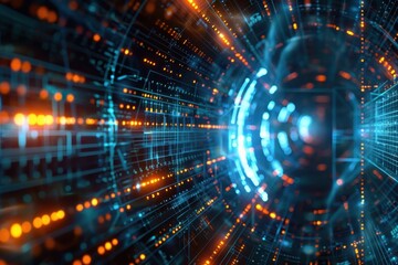 Poster - A futuristic digital corridor illuminated by glowing orange circuits and a central luminescent sphere, representing advanced technology in a virtual environment