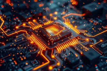 Poster - A futuristic digital corridor illuminated by glowing orange circuits and a central luminescent sphere, representing advanced technology in a virtual environment
