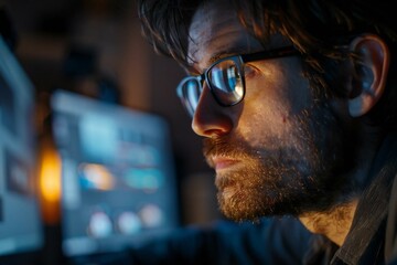 Leinwandbilder - close-up shot of a graphic designer working late at night in his office, surrounded by computer screens and editing software, focusing on his intense concentration and passion