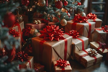 Colorful gifts wrapped in shiny paper with red bows are neatly placed beneath a beautifully decorated Christmas tree, creating a cozy and festive atmosphere perfect for the holiday season.