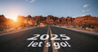 © AA+W - New year 2025 or start straight and beginning concept. Man ride on bike and the number 2025 start written on the road at sunset with lens flare. Concept of challenge or career path, business strategy.