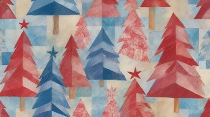 Geometric pattern of colorful Christmas trees and stars in a winter theme, abstract design copy space