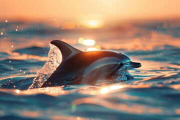Poster - A dolphin gracefully surfaces in shimmering golden water as sunlight dances upon the waves, creating a serene moment in a coastal environment at sunset