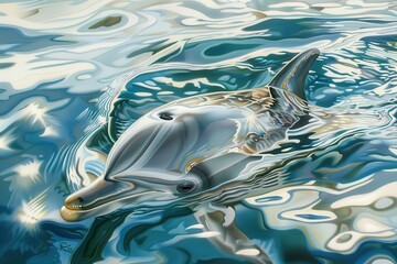 Poster - A dolphin gracefully surfaces in shimmering golden water as sunlight dances upon the waves, creating a serene moment in a coastal environment at sunset
