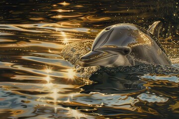 Poster - A dolphin gracefully surfaces in shimmering golden water as sunlight dances upon the waves, creating a serene moment in a coastal environment at sunset