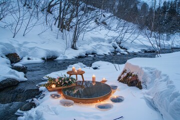Poster - A tranquil winter landscape featuring a rocky outcrop with a snow-covered surface emerging from calm waters surrounded by a mountainous backdrop during overcast weather