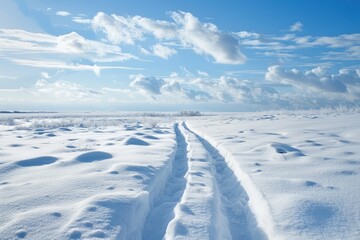 Poster - Snow-covered landscape with winding tracks under a bright sky and fluffy clouds during daylight in a tranquil winter setting