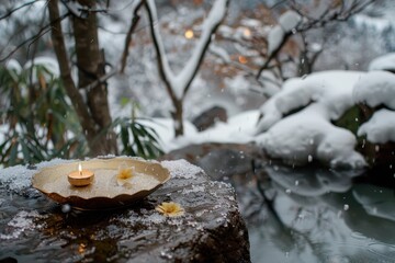 Poster - A tranquil winter landscape featuring a rocky outcrop with a snow-covered surface emerging from calm waters surrounded by a mountainous backdrop during overcast weather