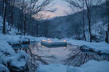 Poster - A tranquil winter landscape featuring a rocky outcrop with a snow-covered surface emerging from calm waters surrounded by a mountainous backdrop during overcast weather