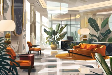 Aufkleber - Modern living room interior design featuring bold colors and stylish furniture in a spacious, light-filled setting with decorative plants and artwork