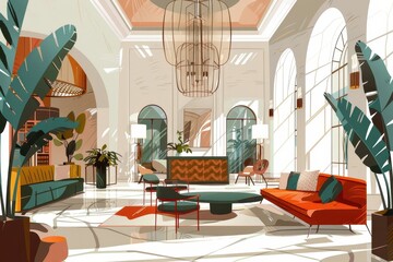 Aufkleber - Modern living room interior design featuring bold colors and stylish furniture in a spacious, light-filled setting with decorative plants and artwork