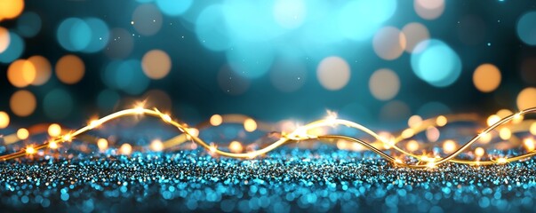 Wall Mural - glitter lights on a blue, gold and black background. defocused banner.
