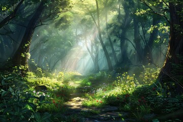 Aufkleber - Sunlight filters through dense trees in a vibrant forest, illuminating the path with colorful wildflowers, creating a serene atmosphere during the golden hour of early morning