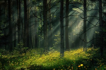 Poster - Sunlight filters through dense trees in a vibrant forest, illuminating the path with colorful wildflowers, creating a serene atmosphere during the golden hour of early morning