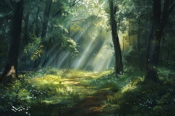Poster - Sunlight filters through dense trees in a vibrant forest, illuminating the path with colorful wildflowers, creating a serene atmosphere during the golden hour of early morning