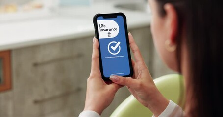 Poster - Hands, phone and screen with app for life insurance, welcome and login with check icon in clinc. Doctor, smartphone and person with security, identity and sign with internet connection at hospital