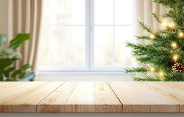 Wall Mural - A wooden table is empty in front of a blurry background representing a festive winter scene