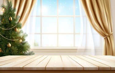 Wall Mural - Wooden table with an empty background against a blurred winter festive scene