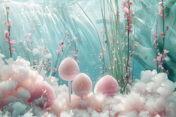 Poster - Underwater scene showcasing vibrant pink coral and delicate jellyfish-like structures in a clear tropical ocean during daylight