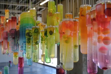 Poster - Colorful display of translucent containers filled with glowing orbs and floral decorations in a modern interior showcasing innovative design during a lively event
