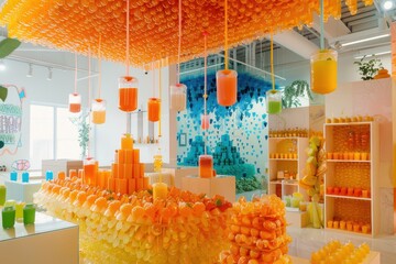 Poster - Colorful display of translucent containers filled with glowing orbs and floral decorations in a modern interior showcasing innovative design during a lively event