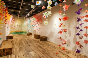 Poster - Colorful display of translucent containers filled with glowing orbs and floral decorations in a modern interior showcasing innovative design during a lively event