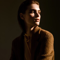 A model in a warm brown knit blazer, lit by soft light, gazes thoughtfully into the distance.